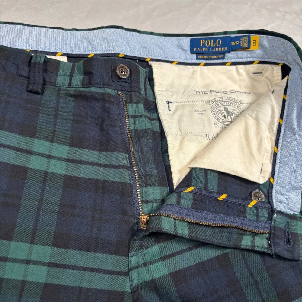 Polo Ralph Lauren Chino Pants Mens 34x32 Green Black Watch Plaid Stretch - Picture 2 of 14